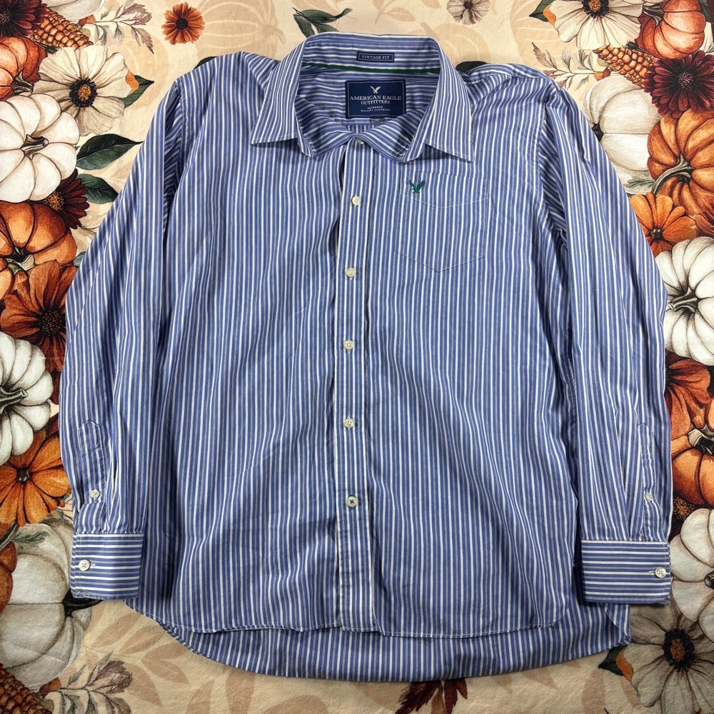 American Eagle Mens Blue White Striped Vintage Fit Button Down Shirt Size Large